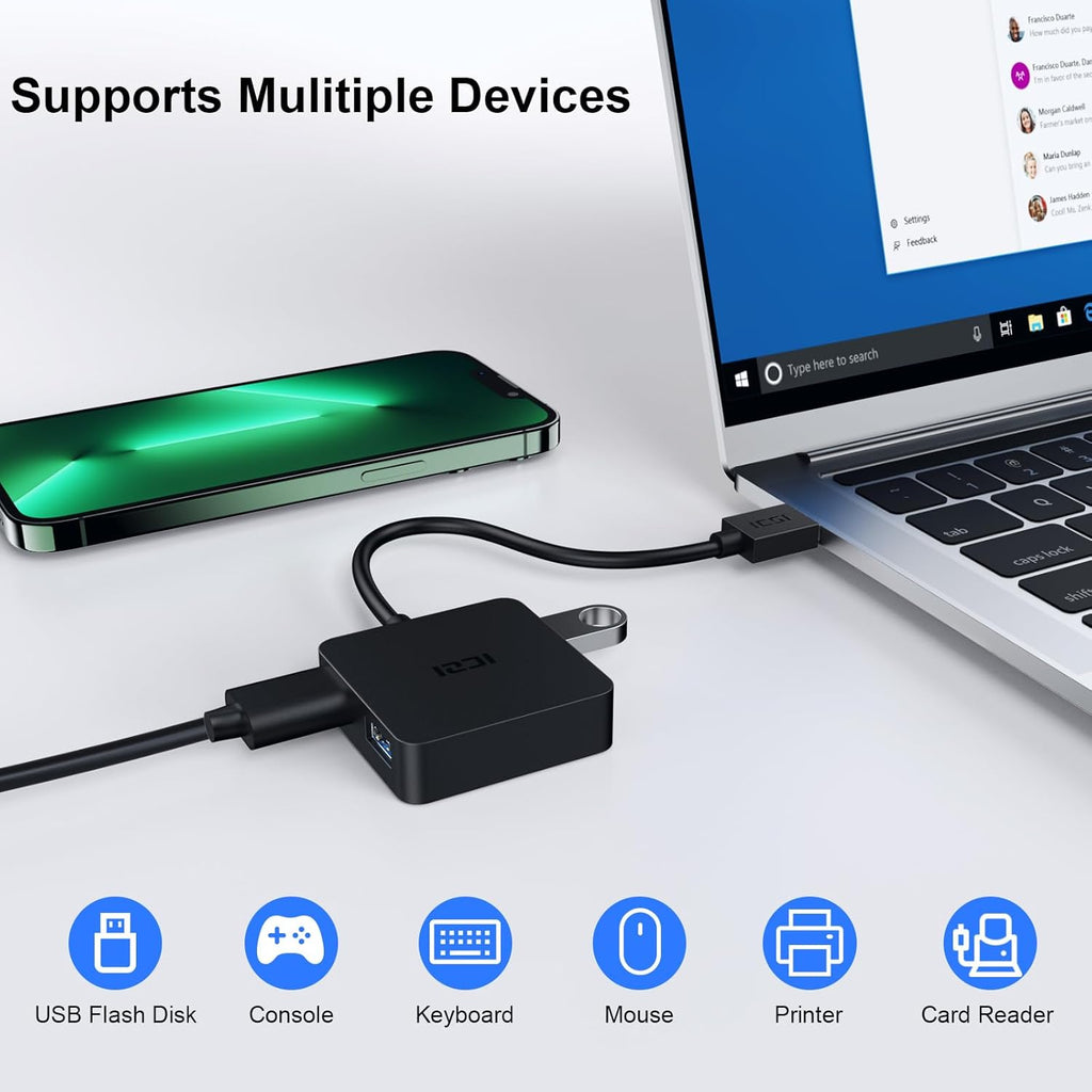 USB 3.0 Hub, 4 Ports USB Splitter Multiple Extender for Laptop, PC, Macbook, Mac Mini, Imac, Surface Pro, Mobile HDD